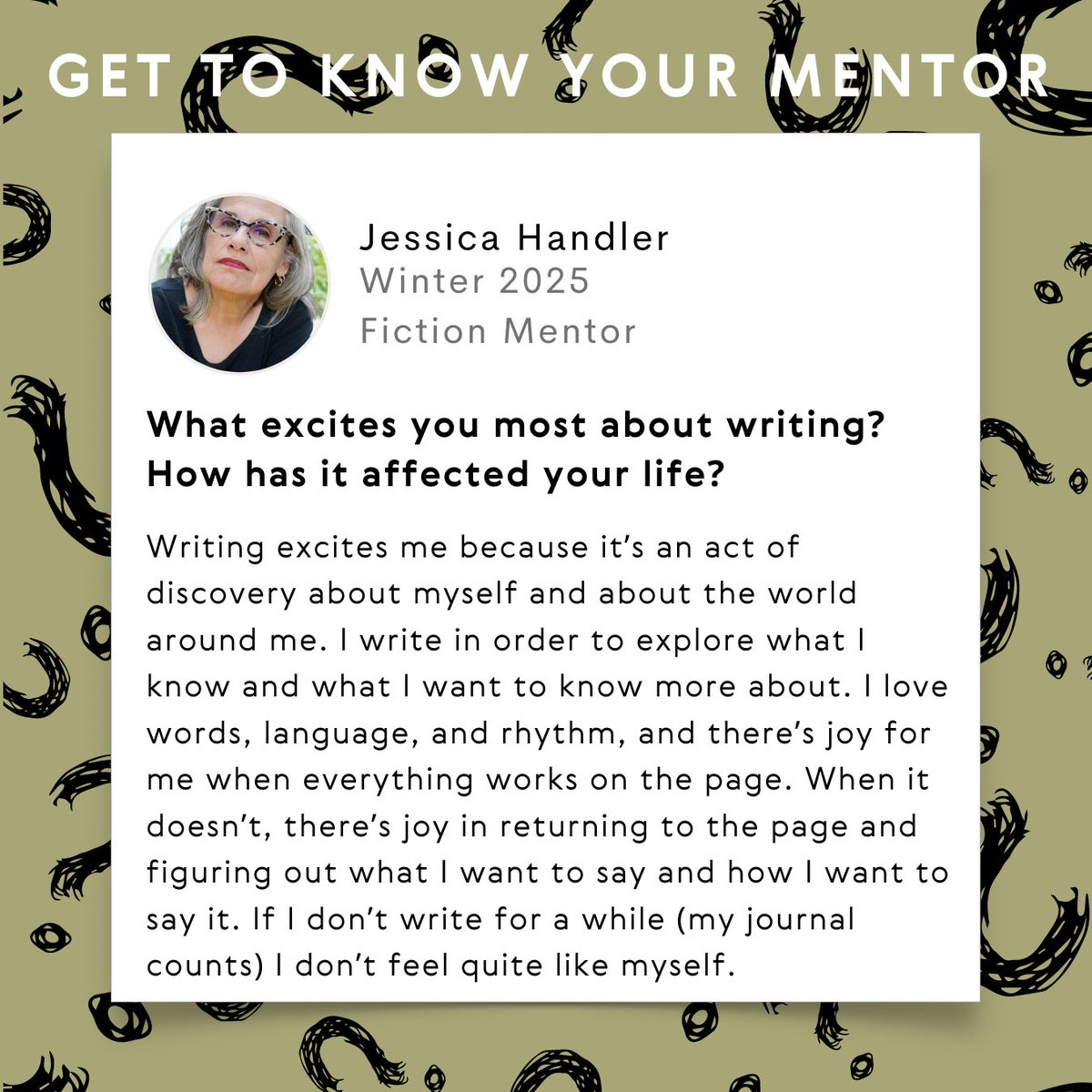PocketMFA's tweet image. We interviewed fiction mentor Jessica Handler about what excites her about writing.
What has writing helped you discover?
#PocketMFA #WritingProgram #MFA #Writing #Poetry #Fiction #Journalism #WritersCommunity #Reading #Writers