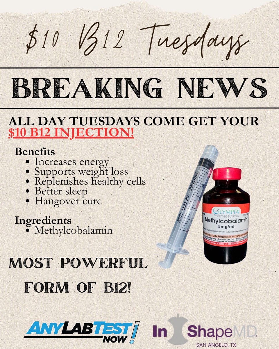 InShapeMDSA's tweet image. BREAKING NEWS!! B12 Tuesday is here! Come see us every Tuesday so we can get you energized! #inshapemd #anylabtestnow #texas #sanangelo #b12 #energized