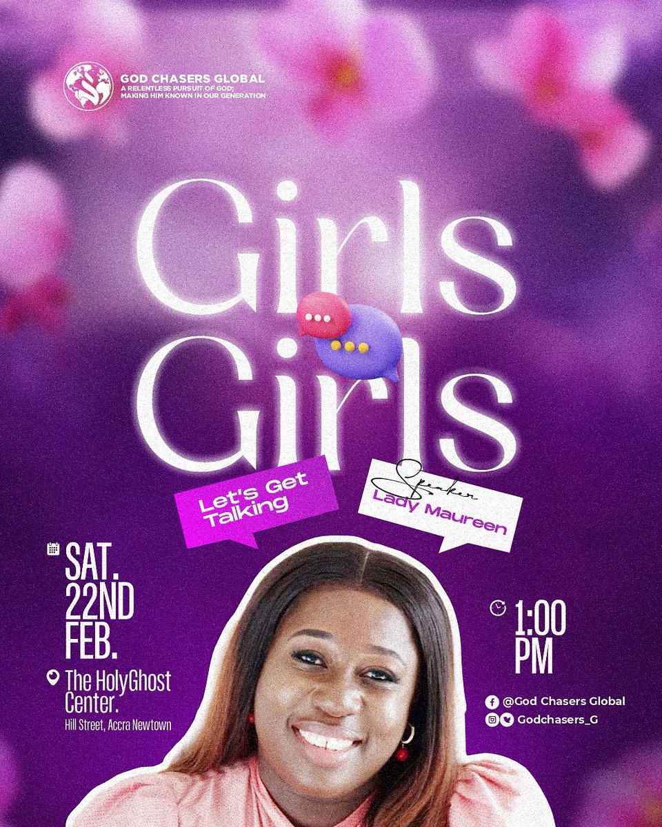 GodChasers_G's tweet photo. Ladies are you excited for tomorrow??🥳
The speaker for this occasion is Mrs. Maureen Frimpong❤️🔥
Bring another sister along
Let’s have a blessed time.
📅22nd February, 2025.
⏰1pm
📍The Holy Ghost Center, Hill Street
See you there🤩❤️🔥
#DSKWeek🎉
#GodChasersGlobal https://t.co/I1AxMrB9lL