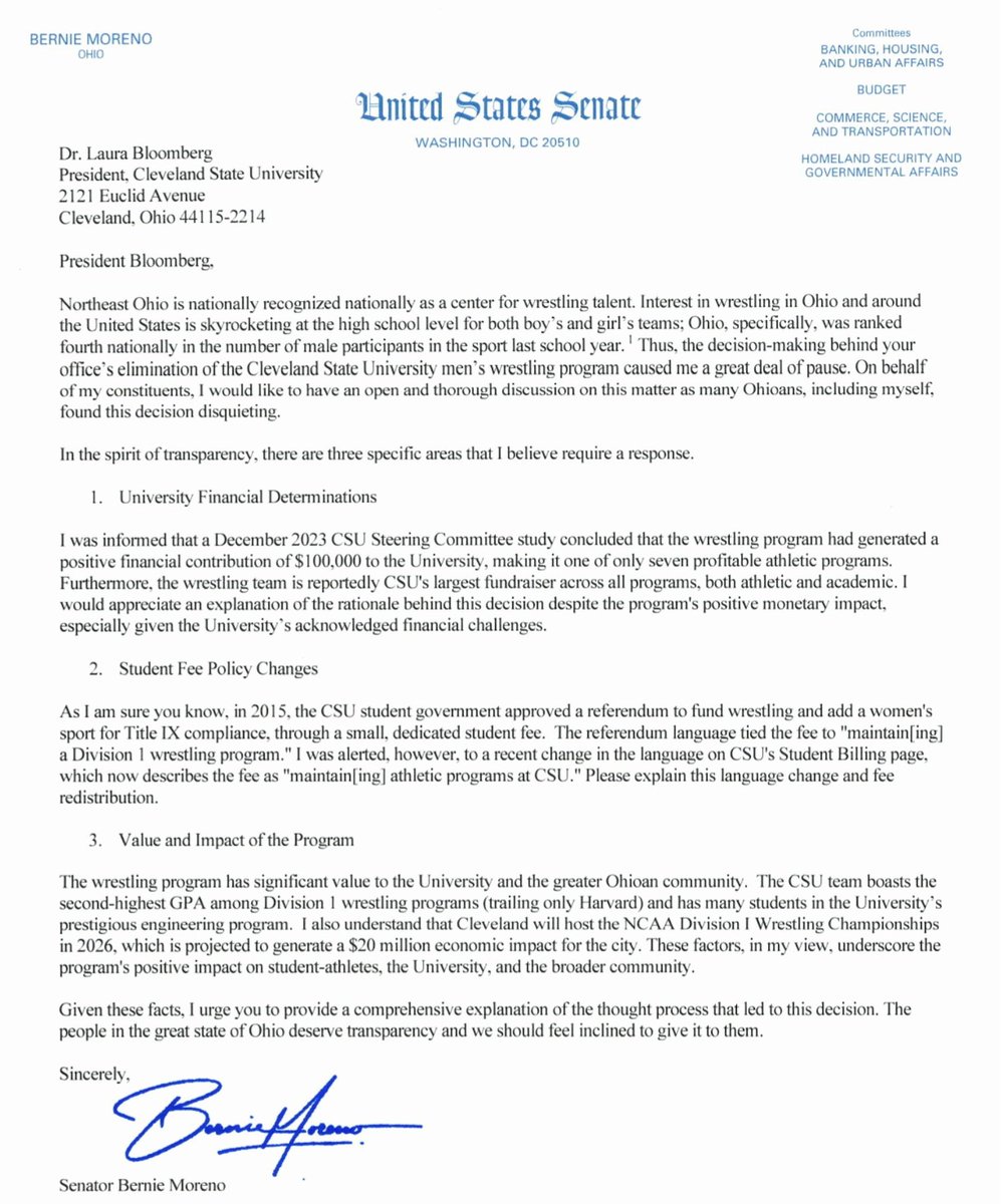 U.S. Senator Bernie Moreno requested an explanation from Cleveland State University President Laura Bloomberg regarding her decision to eliminate the university's Wrestling program