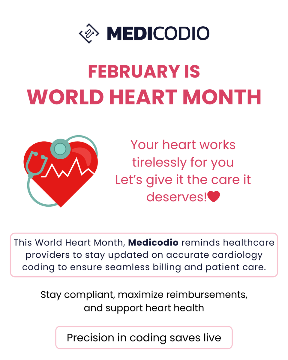 medicodio's tweet image. ❤️ February is World Heart Month – Prioritize Heart Health! ❤️
MediCodio ensures accurate cardiology coding for better care, compliance, and reimbursements.
#WorldHeartMonth #CardiologyCoding #MedicalCoding #MediCodio