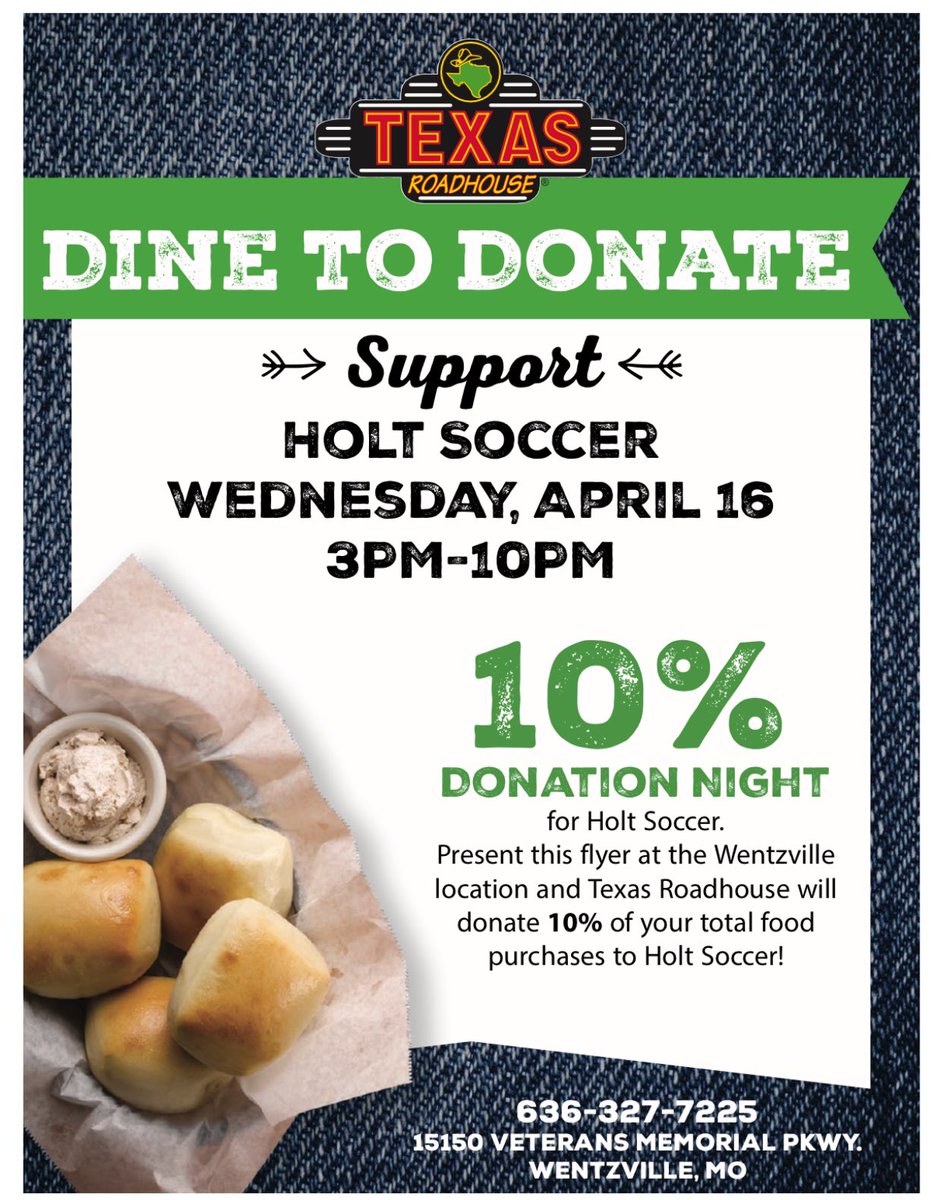 🚨SAVE THE DATE 🚨

 🍗 Dine to donate at Texas Roadhouse! 

🗓️March 18th and April 16th!  

⚽️ Holt soccer will get 10% of the sales on these dates when you mention Holt soccer!  

🍽️ Come out and get some of those yummy rolls! 

#WeAreHolt⚽️