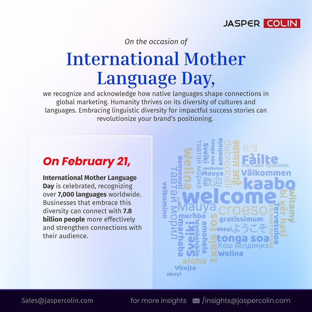 jaspercolin_res's tweet image. At Jasper Colin, our HumanLens and MarketClarity solutions help brands break barriers and build bridges through localization. This International Mother Language Day, let’s commit to making every language count in marketing!
#JasperColin #LocalizationMatters #DiversityInMarketing