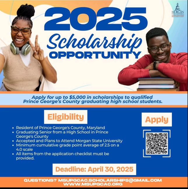 Scholarship opportunity for Prince Georges County graduating seniors planning to attend Morgan State University! <a href="/pgcps/">PGCPS</a> <a href="/PGCPSCTE/">PGCPS Career and Technical Education</a>