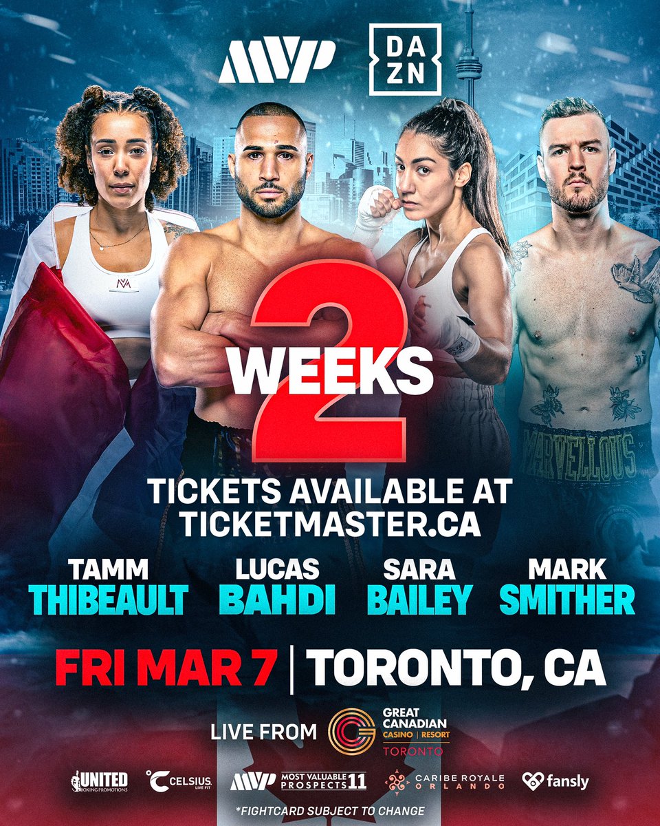 We’re 2 WEEKS away from Most Valuable Prospects 11 on Friday, March 7th in Toronto, Canada!🇨🇦

MVP’s own Knockout of the Year winner Lucas “Prince” Bahdi (18-0, 15 KOs) will battle Ryan James Racaza (15-0, 11KOs) in a MAIN EVENT Lightweight bout at 135lbs. Another of MVP’s own,
