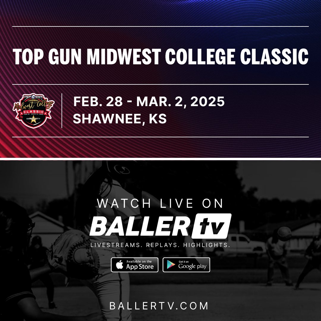 TopGunEvents's tweet photo. Game on! Catch the Midwest College Classic!🥎 If you can’t make it to the field, don’t worry – we’ve got you covered with a streaming option  provided by, @BallerTV , to cheer us on from anywhere!💥 #bettertogether #collegeclassic #midwest #streaminglive https://t.co/DJtw7Io3gH
