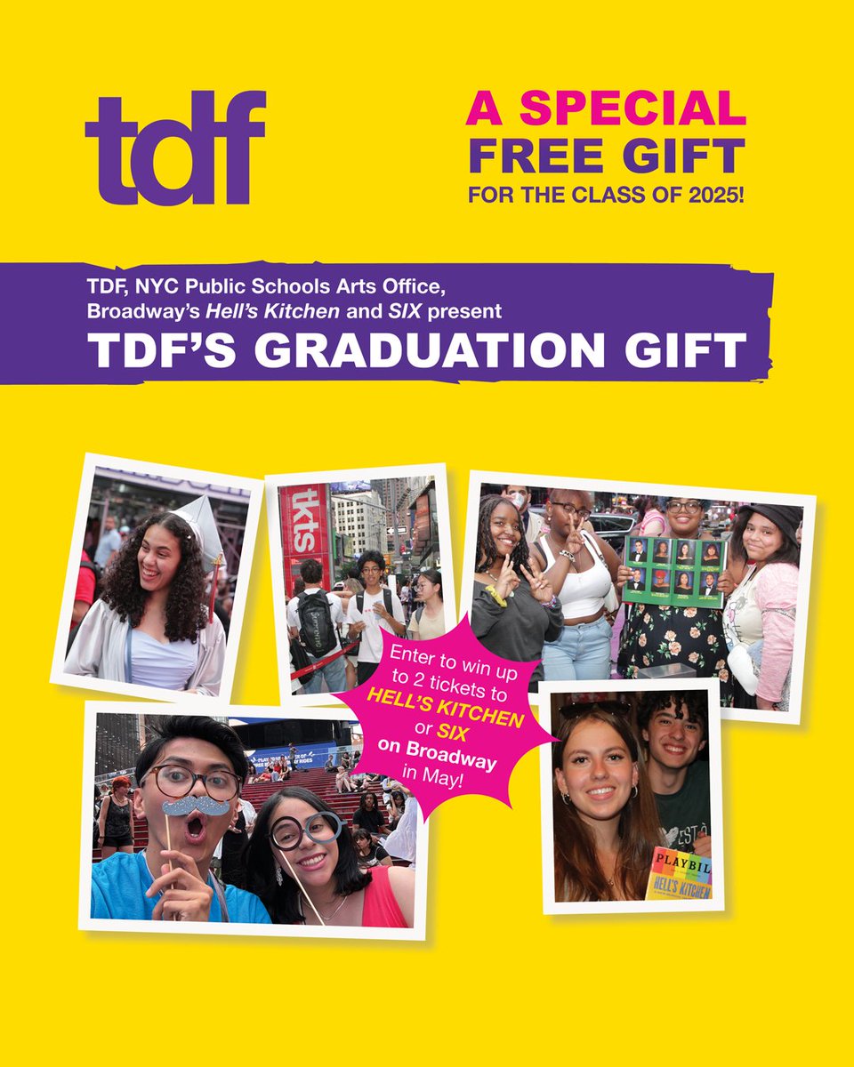 NYC Public Schools (@nycschools) on Twitter photo Hey, <a href="/NYCSchools/">NYC Public Schools</a> high school seniors! 👋
@tdfnyc is offering ALL graduating high school students from New York City Public Schools a SPECIAL gift—a FREE TDF Membership to access Broadway shows and beyond. 🤩
Learn more by visiting: nycgrads2025.tdf.org Hey, <a href="/NYCSchools/">NYC Public Schools</a> high school seniors! 👋
@tdfnyc is offering ALL graduating high school students from New York City Public Schools a SPECIAL gift—a FREE TDF Membership to access Broadway shows and beyond. 🤩
Learn more by visiting: nycgrads2025.tdf.org