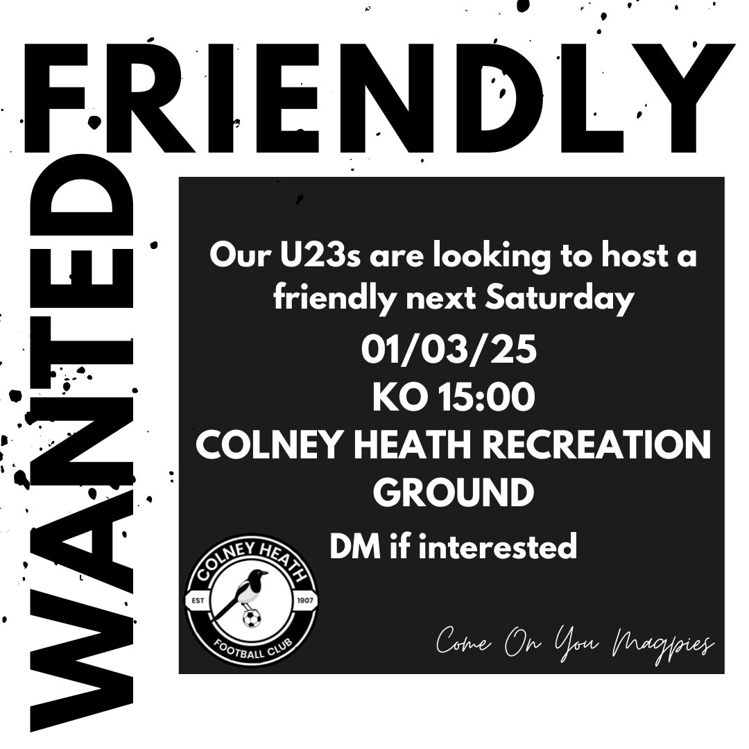 FRIENDLY WANTED 📣

Our U23s are looking for a team to play in a friendly next Saturday 1st March 

⏰ KO 15:00 
🏟️ CH to host at Recreation Ground
⚽️ Opposition to cover the cost of officials 
📩 DM if interested