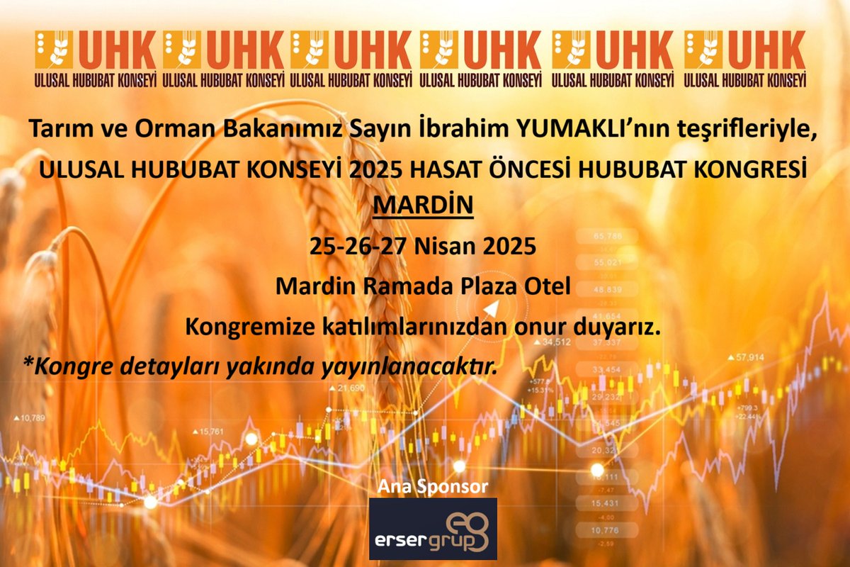 Değerli Sektör Paydaşlarımız,
Tarım ve Orman Bakanımız Sayın İbrahim YUMAKLI’nın teşrifleriyle Mardin'de 25-26-27 Nisan 2025 tarihleri arasında düzenlenecek olan 'UHK 2025 HASAT ÖNCESİ HUBUBAT KONGRESİ'ne katılımlarınızdan onur duyarız.
*Kongre detayları yakında yayınlanacaktır.