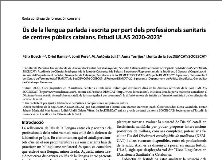 Títol de l’article: Ús de la llengua parlada i escrita per part dels professionals sanitaris de centres públics catalans. Estudi ULAS 2020-2023 <a href="/noudemcat/">Projecte DEMCAT</a> 
➡️ annals.academia.cat/index.php?idpu…