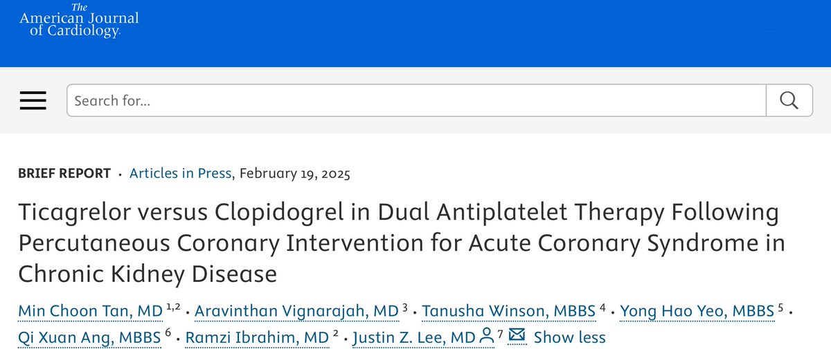 Min Choon Tan (@drmctan) on Twitter photo Our propensity score-matched analysis comparing Ticagrelor and Clopidogrel as DAPT after PCI in a key population—CKD patients—is now available in <a href="/AmJCardio/">American Journal of Cardiology</a>! Excited to share it with everyone!
📜: doi.org/10.1016/j.amjc… Our propensity score-matched analysis comparing Ticagrelor and Clopidogrel as DAPT after PCI in a key population—CKD patients—is now available in <a href="/AmJCardio/">American Journal of Cardiology</a>! Excited to share it with everyone!
📜: doi.org/10.1016/j.amjc…