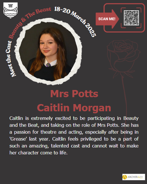⭐️ 🥀MEET THE CAST🥀⭐️
 
Today, we’re shining a spotlight on: Caitlin   

🎟️Tickets are selling fast, don’t miss your chance to join us for this magical production. 

📅18-20 March 2025
📍Chepstow School
💻Book via  👉buff.ly/42g7dRt