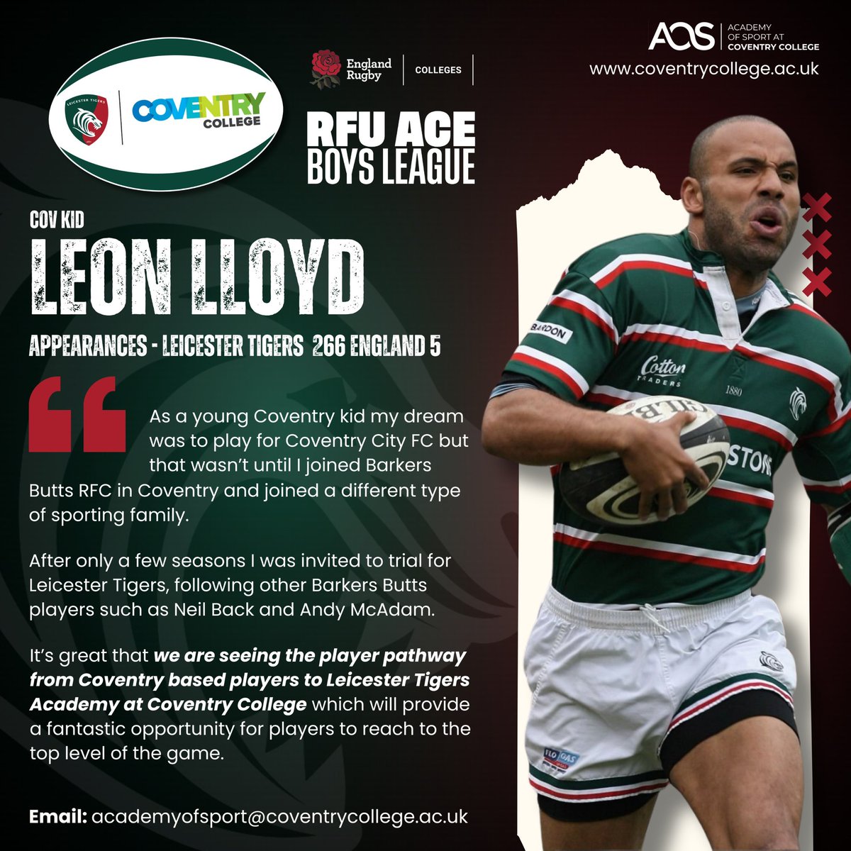 Leicester Tigers ACE Programme at Cov College (@covcollegerugby) on Twitter photo Cov kid Leon Lloyd on his Journey to @leicestertigers 🐯
Leon a Cov Kid through and through, went from Coundon Court School & Barkers Butts RFC Colts to Leicester Tigers and England 🏴 winning 5 caps.
Your journey starts here <a href="/coventrycollege/">Coventry College</a>
#CovKid #LeicesterTigersACE Cov kid Leon Lloyd on his Journey to @leicestertigers 🐯
Leon a Cov Kid through and through, went from Coundon Court School & Barkers Butts RFC Colts to Leicester Tigers and England 🏴 winning 5 caps.
Your journey starts here <a href="/coventrycollege/">Coventry College</a>
#CovKid #LeicesterTigersACE