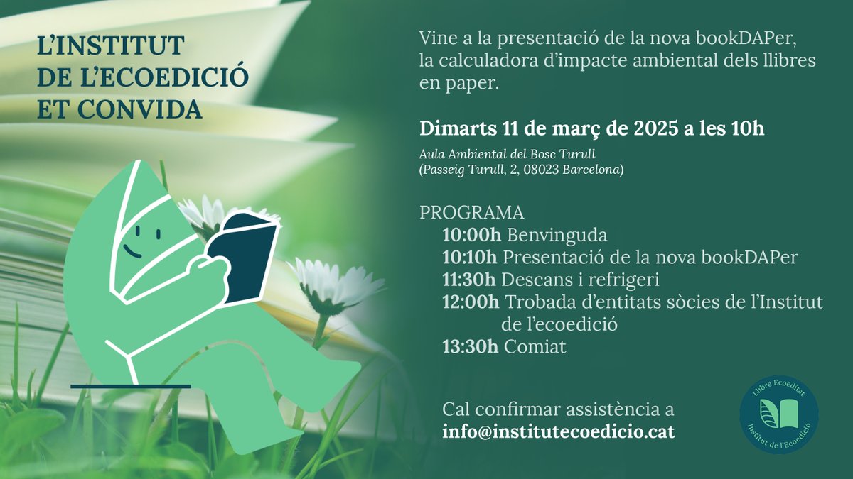 EcoEdició (@ecoedicio_cat) on Twitter photo Vine a la presentació de la nova BookDAPer, l’única calculadora ambiental de les publicacions, ara millorada i actualitzada.
📅 11 de març de 2025
📍 Aula Ambiental Bosc Turull (BCN)
🕙 10:00h
Entrada lliure amb inscripció a info@institutecoedicio.cat
T’hi esperem! Vine a la presentació de la nova BookDAPer, l’única calculadora ambiental de les publicacions, ara millorada i actualitzada.
📅 11 de març de 2025
📍 Aula Ambiental Bosc Turull (BCN)
🕙 10:00h
Entrada lliure amb inscripció a info@institutecoedicio.cat
T’hi esperem!