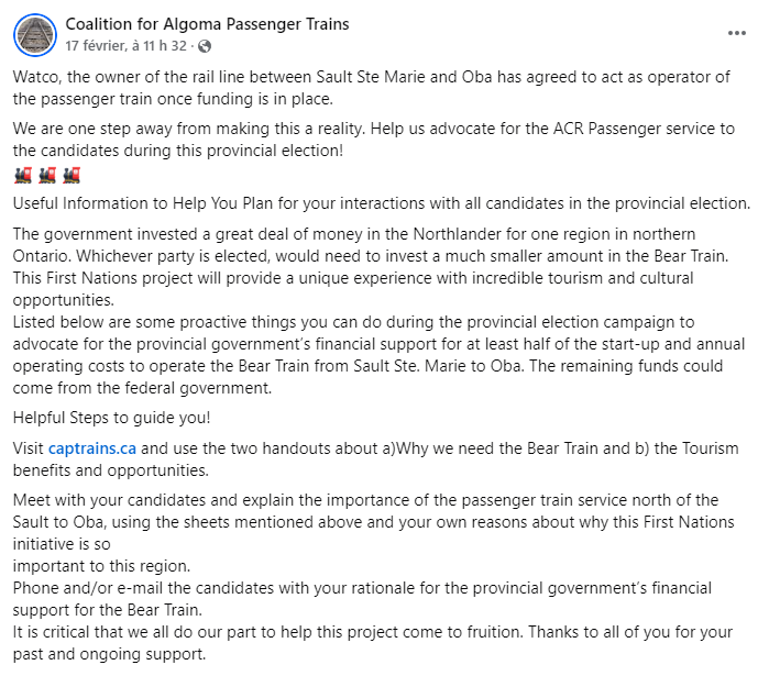 NorTracksBlog's tweet photo. It appears Watco has agreed to operate a passenger train between Sault-Ste-Marie and Oba should ongoing operating funding be secured.
#passengerrail #algoma #beartrain https://t.co/hjii1owalz