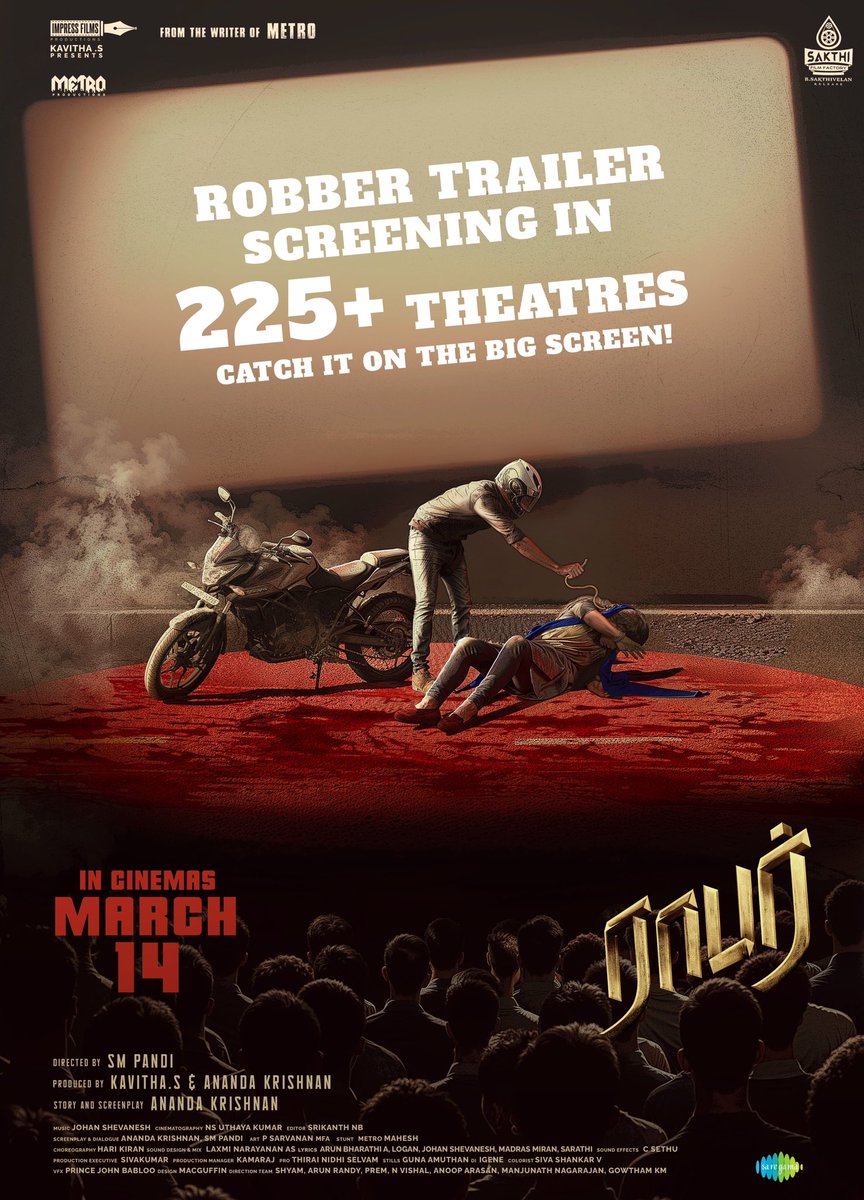 🔥 ROBBER Trailer Storms 225+ Theatres! 🔥

The gripping story from the writer of Metro is all set to unfold on the big screen! 🎬💥 Catch the Robber trailer in cinemas now and gear up for an intense ride!

In Cinemas: March 14
Directed by: SM Pandi
Story &amp; Screenplay: Ananda
