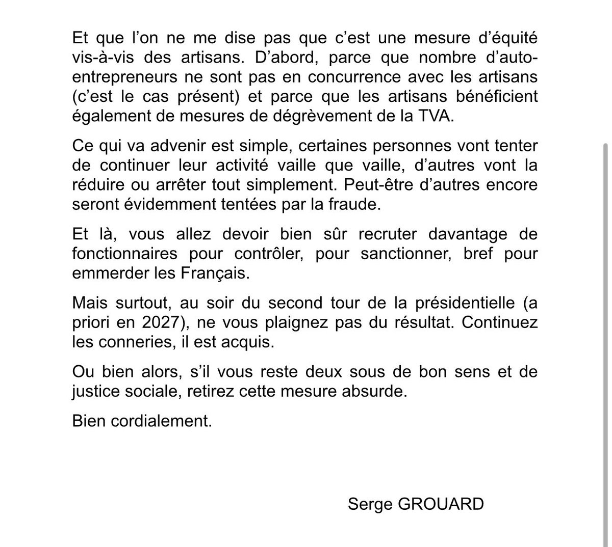 SergeGrouard's tweet photo. Assez à la technostructure complètement déconnectée de la réalité ! Vous trouverez ci-dessous la lettre ouverte que j’ai adressée à Madame la ministre ainsi qu’à tous les parlementaires. #autoentrepreneurs https://t.co/jsy1doFV8I
