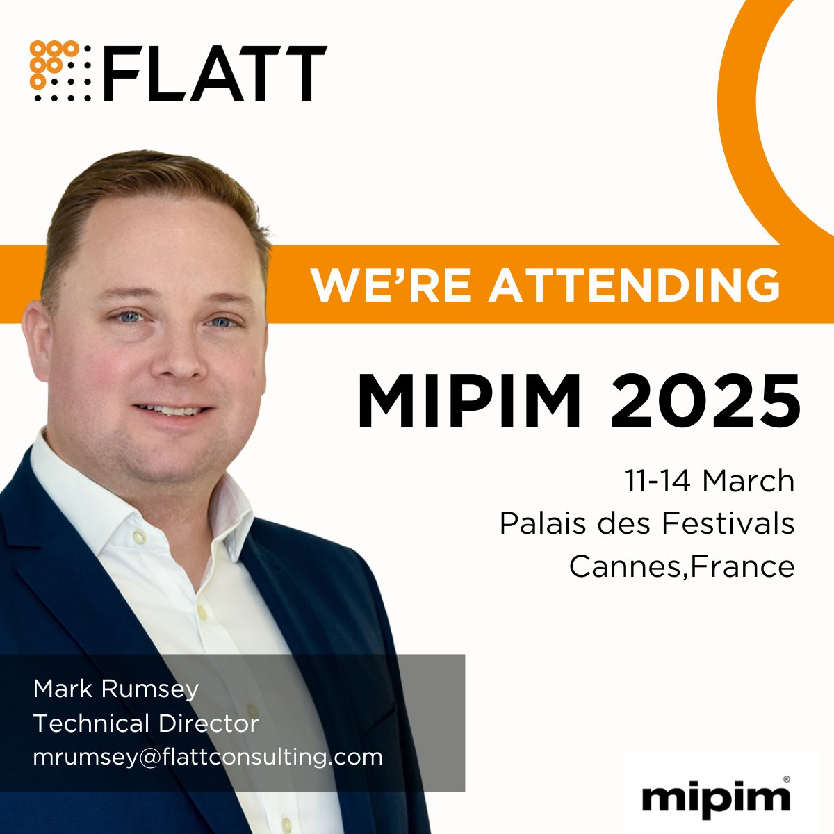 FLATT are attending Cannes in March! 
 
Feel free to get in touch with Mark if you want to connect. 
 
#mipim2025 #buildingservices #ESG #engineering