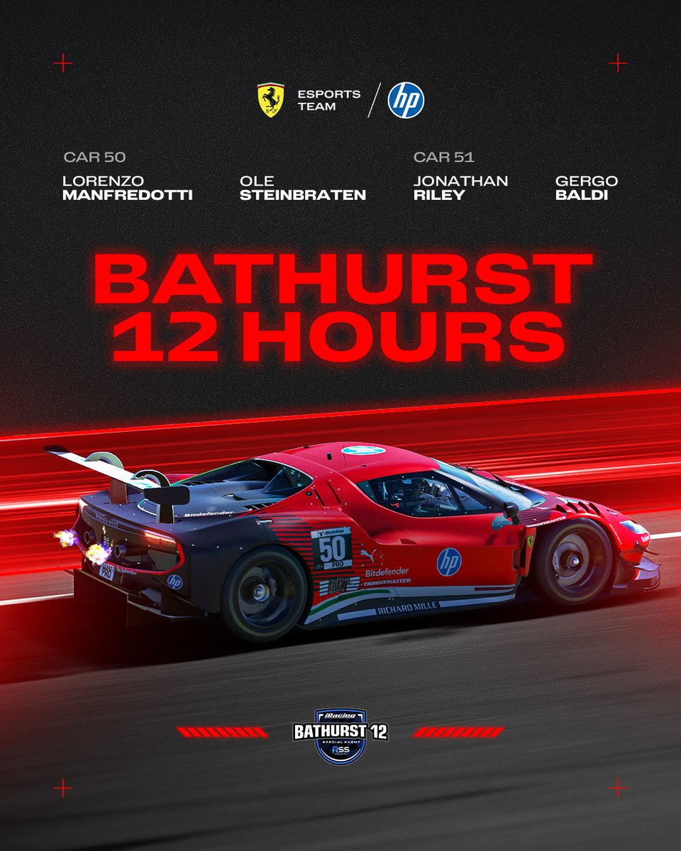 Ferrari Esports (@ferrariesports) on Twitter photo Our teams are locked in for the Bathurst 12 hours! Livestream at 13:30 CET: youtube.com/watch?v=YAfylB… 😎
#50 <a href="/Manfree27_/">Lorenzo Manfredotti</a> + <a href="/OleSteinbraten/">Oleste</a>
#51 <a href="/_JonathanRiley_/">Jonathan Riley</a> + <a href="/gergobaldi/">Gergo Baldi</a>
#FerrariEsports Our teams are locked in for the Bathurst 12 hours! Livestream at 13:30 CET: youtube.com/watch?v=YAfylB… 😎
#50 <a href="/Manfree27_/">Lorenzo Manfredotti</a> + <a href="/OleSteinbraten/">Oleste</a>
#51 <a href="/_JonathanRiley_/">Jonathan Riley</a> + <a href="/gergobaldi/">Gergo Baldi</a>
#FerrariEsports