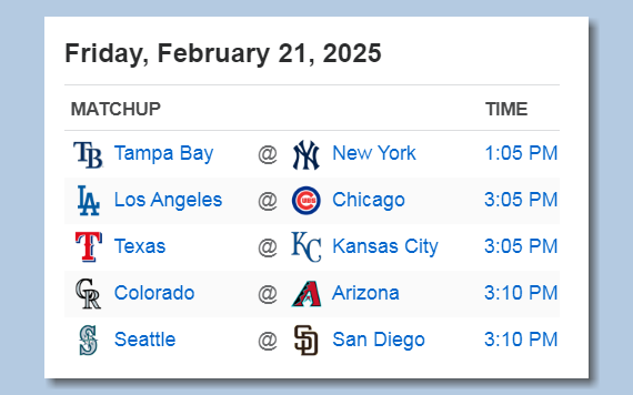 BSmile's tweet photo. Here's the #MLB schedule for Friday, February 21st - PLAY BALL!!! https://t.co/Fcpd9hzN95
