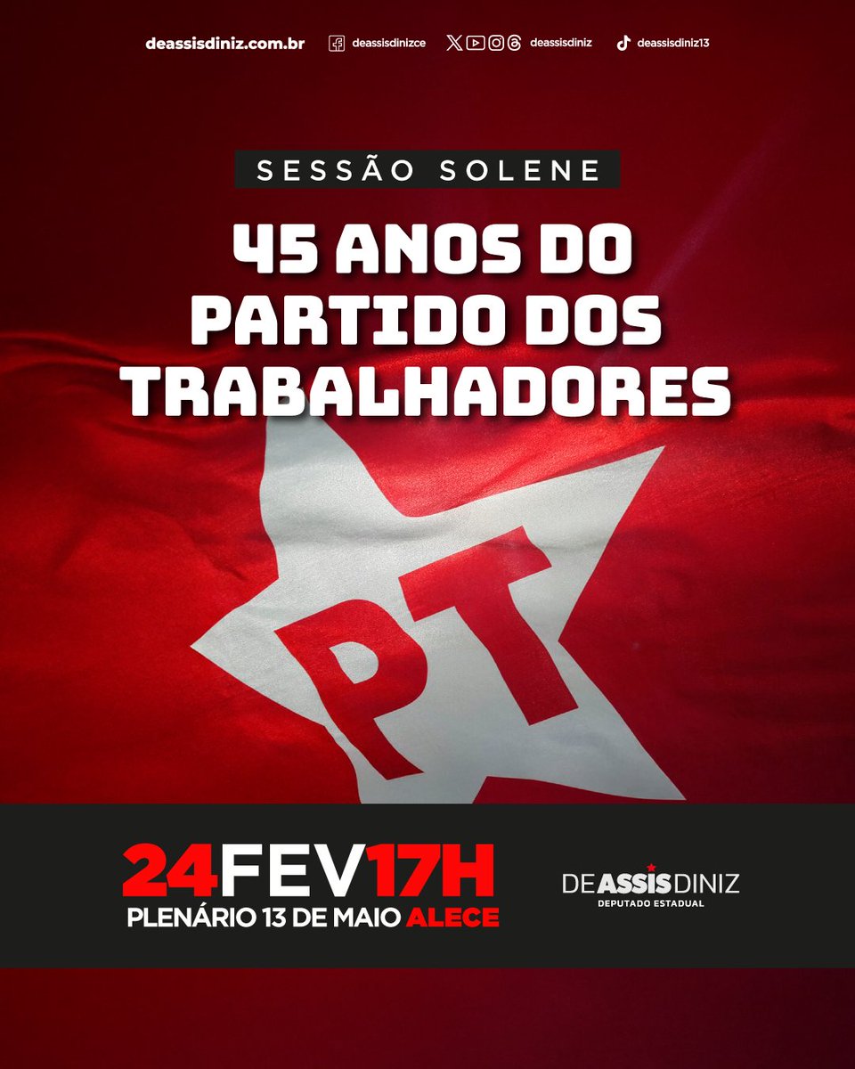 45 anos de luta e resistência! ✊❤️ Celebre conosco na Sessão Solene! 📅 24/02 ⏰ 17h 📍 AL-CE. #VivaOPT #PT45Anos