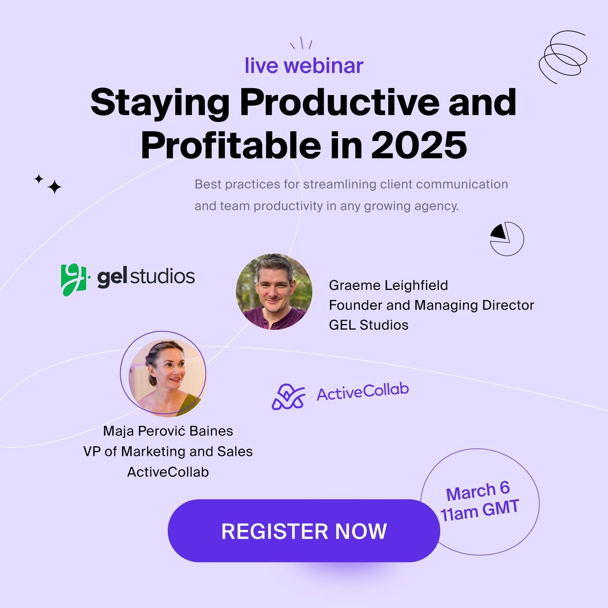 activecollab's tweet image. Agency owners, SAVE THE DATE ➡️ We’re hosting a webinar!
Find out how to grow your agency in 2025, while keeping your team productive and your clients happy! 
Two creative agency experts, Maja, VP of Marketing and Sales at ActiveCollab (and a former agency owner), and Graeme,…