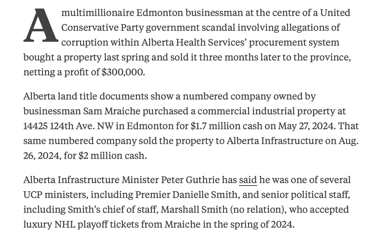 AndieWinnipeg's tweet photo. Massive Friday drop in the Alberta Health Scandal. 

Mraiche bought a property last spring and then sold it for a 300k profit after three months to the PROVINCE-Alberta Infrastructure. 

The kicker-Peter Guthrie, who also took hockey tickets, is the Minister of Infrastructure https://t.co/CDKGCAnKMR