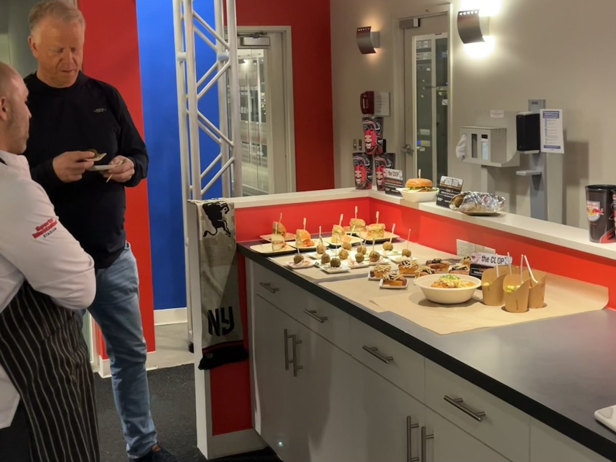 Boomer testing out some food items available at <a href="/NewYorkRedBulls/">New York Red Bulls</a> home games