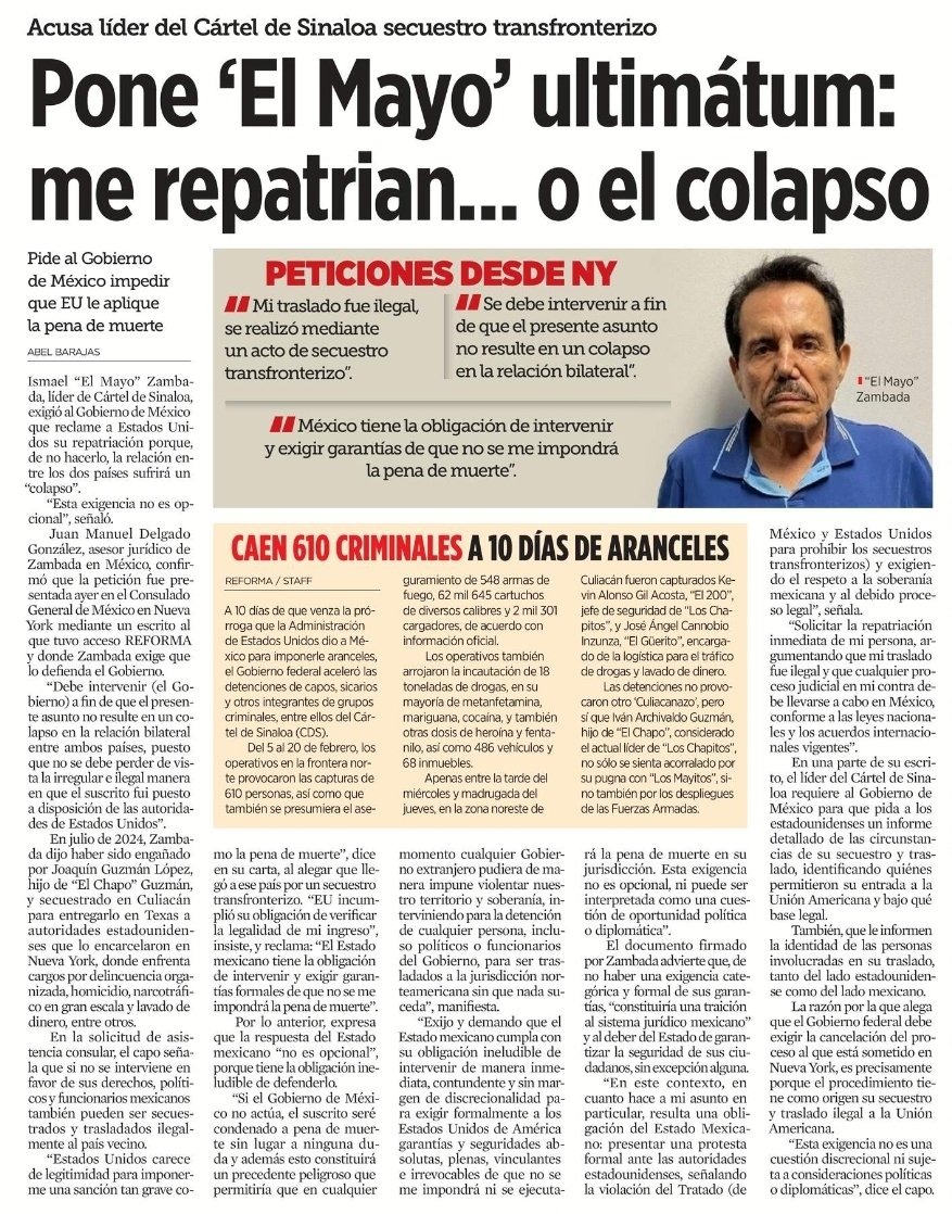 💥 SOPAS 💥 

Ya se enojó el Mayo Zambada

Pide ayuda al gobierno de México, o va a CANTAR

Y no solo va a cantar el Himno Nacional, va a cantar hasta el Cielito Lindo

Con razón la científica y AMLO están preocupados

Casi les dijo:

"O me sacan de USA o arde Palenque"