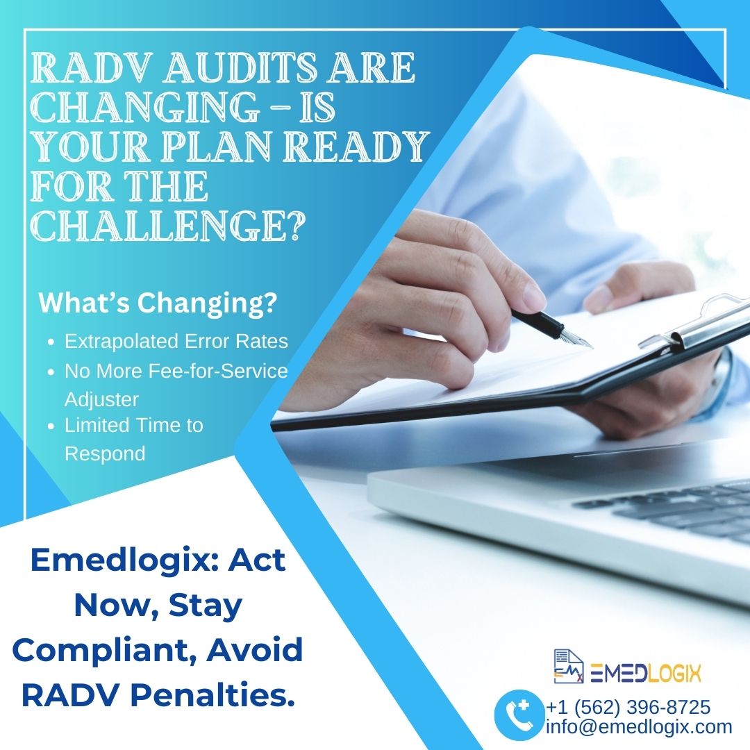 emedlogix's tweet image. RADV Audits Are Changing – Is Your Plan Ready?
CMS’s stricter RADV rules raise financial risks for MA plans. With extrapolated errors, no FFS adjuster, and tight deadlines, compliance is key. 
Emedlogix helps ensure accuracy and risk mitigation. 
Act now!
emedlogix.com