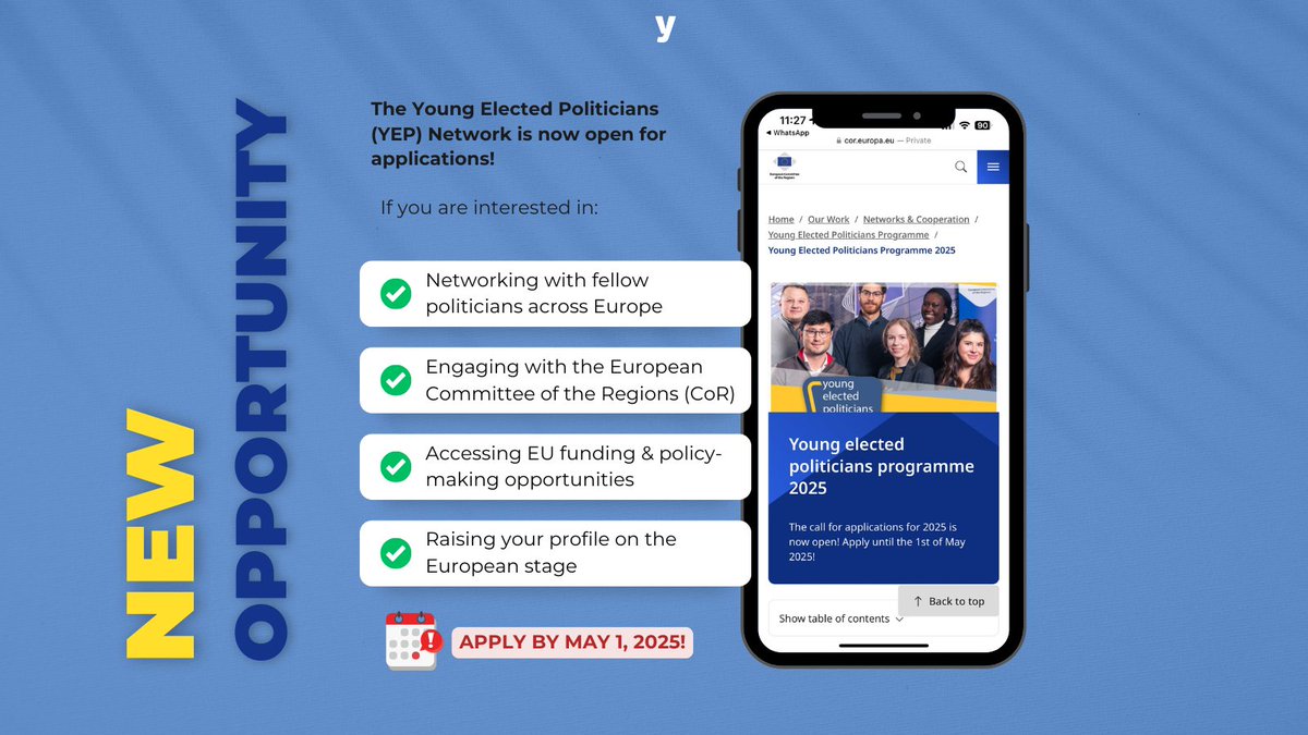 🚀 Are you a young elected politician ready to shape Europe’s future?

The YEP Network is now accepting applications! If you were born after Jan 1, 1990 and hold a local or regional mandate in an EU or candidate country… this is for you!

📅 Apply by May 1, 2025!