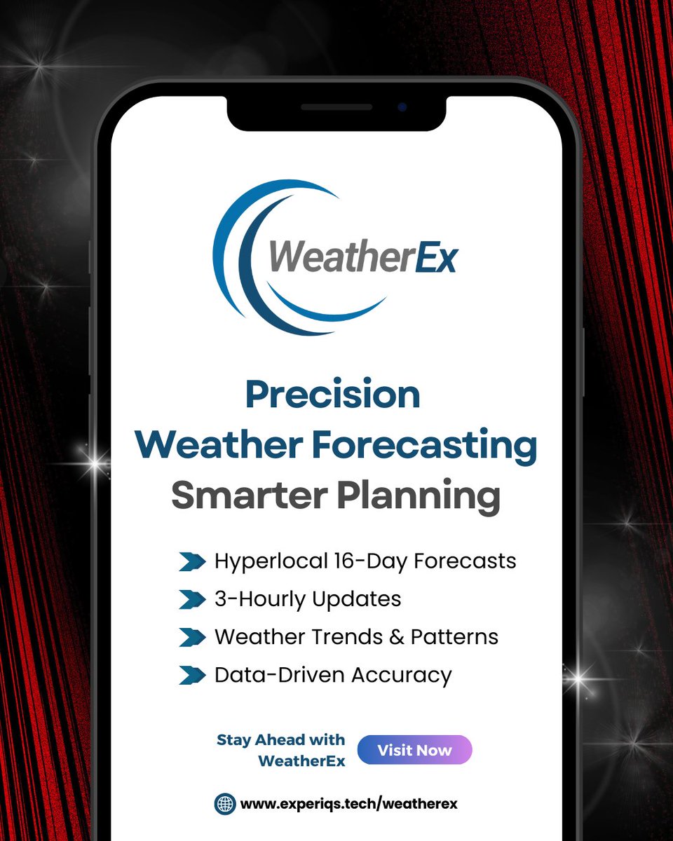 experiqs's tweet image. WeatherEx: Precision Weather Forecasting for Smarter Decisions 🌤

📍 Accurate. Reliable. Essential.

🔗 Explore Now: experiqs.tech/weatherex

#WeatherEx #SmartForecasting #StayAhead #ReliableWeather #WeatherUpdates #AccurateForecast #HyperlocalWeather #AIWeather #ClimateTrends