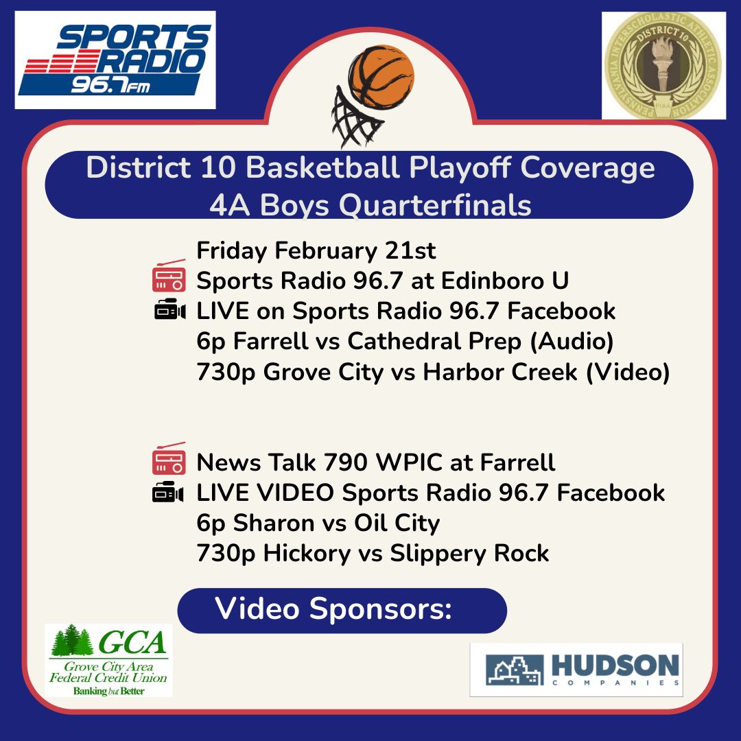 Bob Greenburg (@bobgreenburg) on Twitter photo District 10 Playoff Coverage Tonight!!
WPIC 📻 iheart.com/live/790-wpic-…
96.7 📻 iheart.com/live/sportsrad…
All Video : facebook.com/SportsRadio967
<a href="/peguesAmp/">Amp Pegues HC/Athletic Director Farrell high</a> <a href="/Coachlowe03/">Myron Lowe</a> <a href="/CPRamblerHoops/">Cathedral Prep Basketball</a> <a href="/GC_EaglesBBB/">Grove City Eagles Basketball</a> <a href="/HSD_Athletics/">HSD Athletics</a> <a href="/Louprime9/">Lou Prime9️⃣ LF3</a> <a href="/SRRocketHoops/">Slippery Rock Boys Basketball</a> District 10 Playoff Coverage Tonight!!
WPIC 📻 iheart.com/live/790-wpic-…
96.7 📻 iheart.com/live/sportsrad…
All Video : facebook.com/SportsRadio967
<a href="/peguesAmp/">Amp Pegues HC/Athletic Director Farrell high</a> <a href="/Coachlowe03/">Myron Lowe</a> <a href="/CPRamblerHoops/">Cathedral Prep Basketball</a> <a href="/GC_EaglesBBB/">Grove City Eagles Basketball</a> <a href="/HSD_Athletics/">HSD Athletics</a> <a href="/Louprime9/">Lou Prime9️⃣ LF3</a> <a href="/SRRocketHoops/">Slippery Rock Boys Basketball</a>