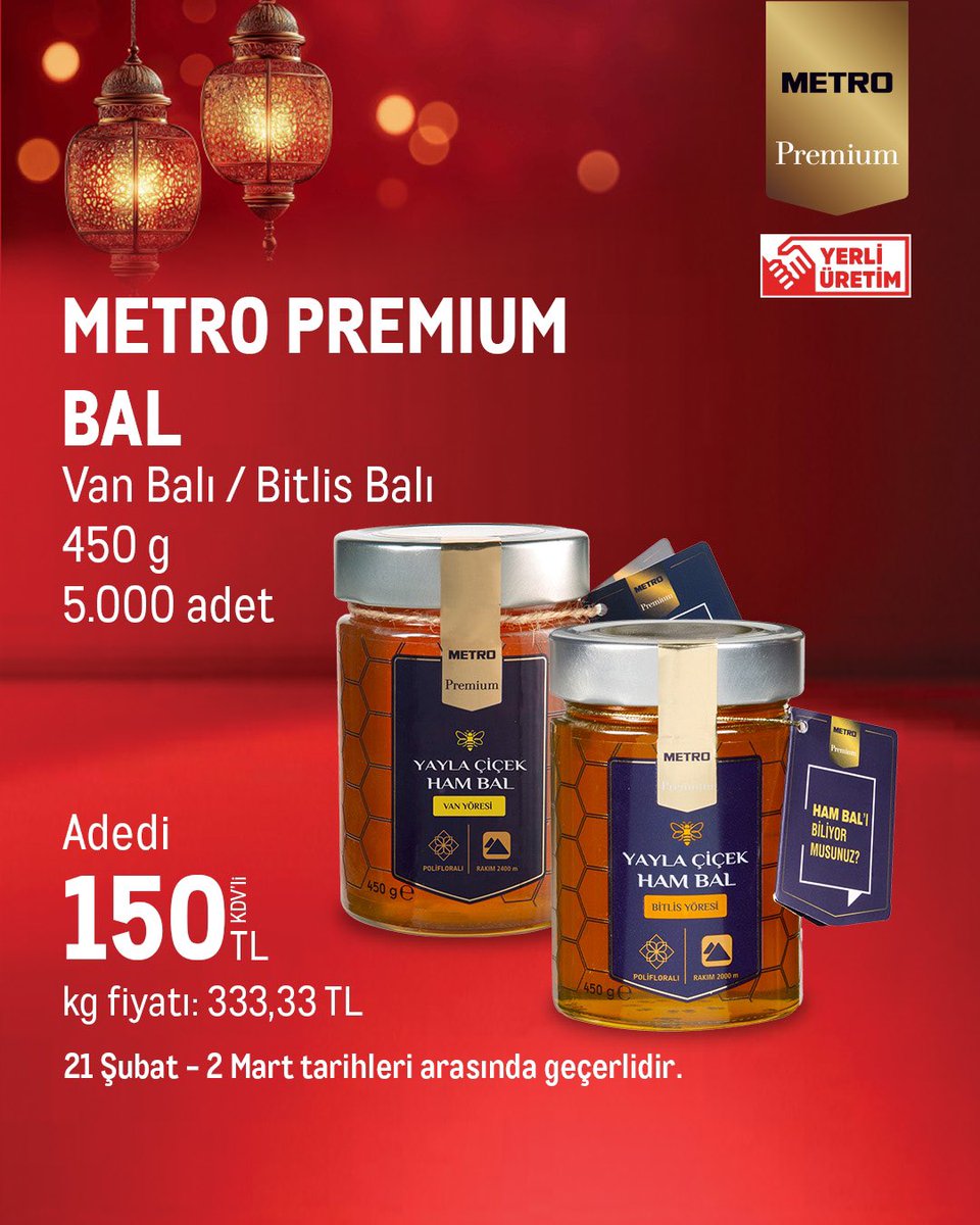MetroTR's tweet photo. Bereketli alışverişin adresi Metro! 🌙 İftardan sahura sofralarınız için kaliteli çay, lezzetli peynirler ve Ramazan’ın vazgeçilmezi hurma Metro raflarında. Tatlı bir dokunuş için doğal balları da unutmayın! 🍯 #metromarket #ramazan #ramazansofraları https://t.co/57xw1830K7