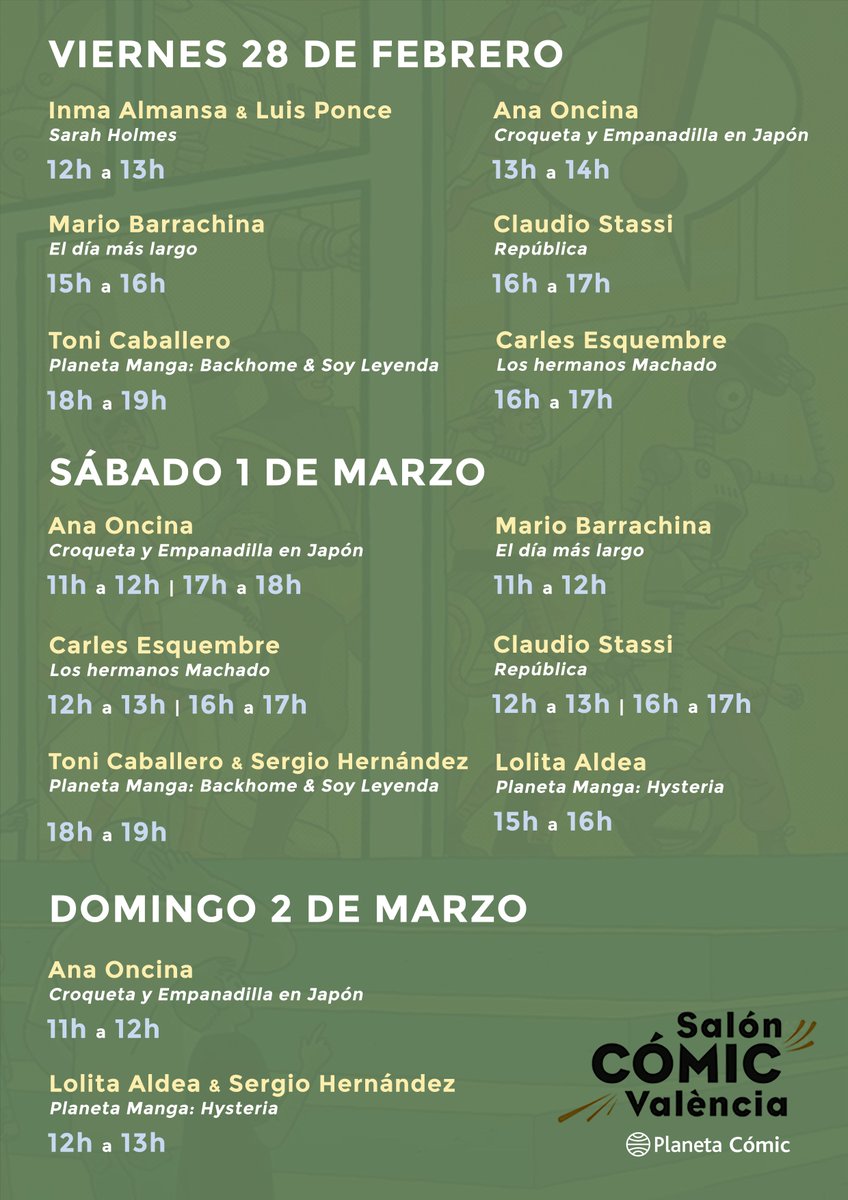 ✍️ ¡Os recordamos que la próxima semana varios de nuestros autores y autoras firmarán en el Salón del Cómic de Valencia (<a href="/SalonComicVlc/">Salón del Cómic y del Manga de Valencia</a>)! 

Aquí tenéis la agenda completa de firmas de <a href="/Inma_Almansa/">Inma Almansa</a>, <a href="/Luis_Ponce_S/">Luis Ponce</a>, Ana Oncina, Mario Barrachina, Claudio Stassi, <a href="/CarlesEsquembre/">Carles Esquembre</a>,