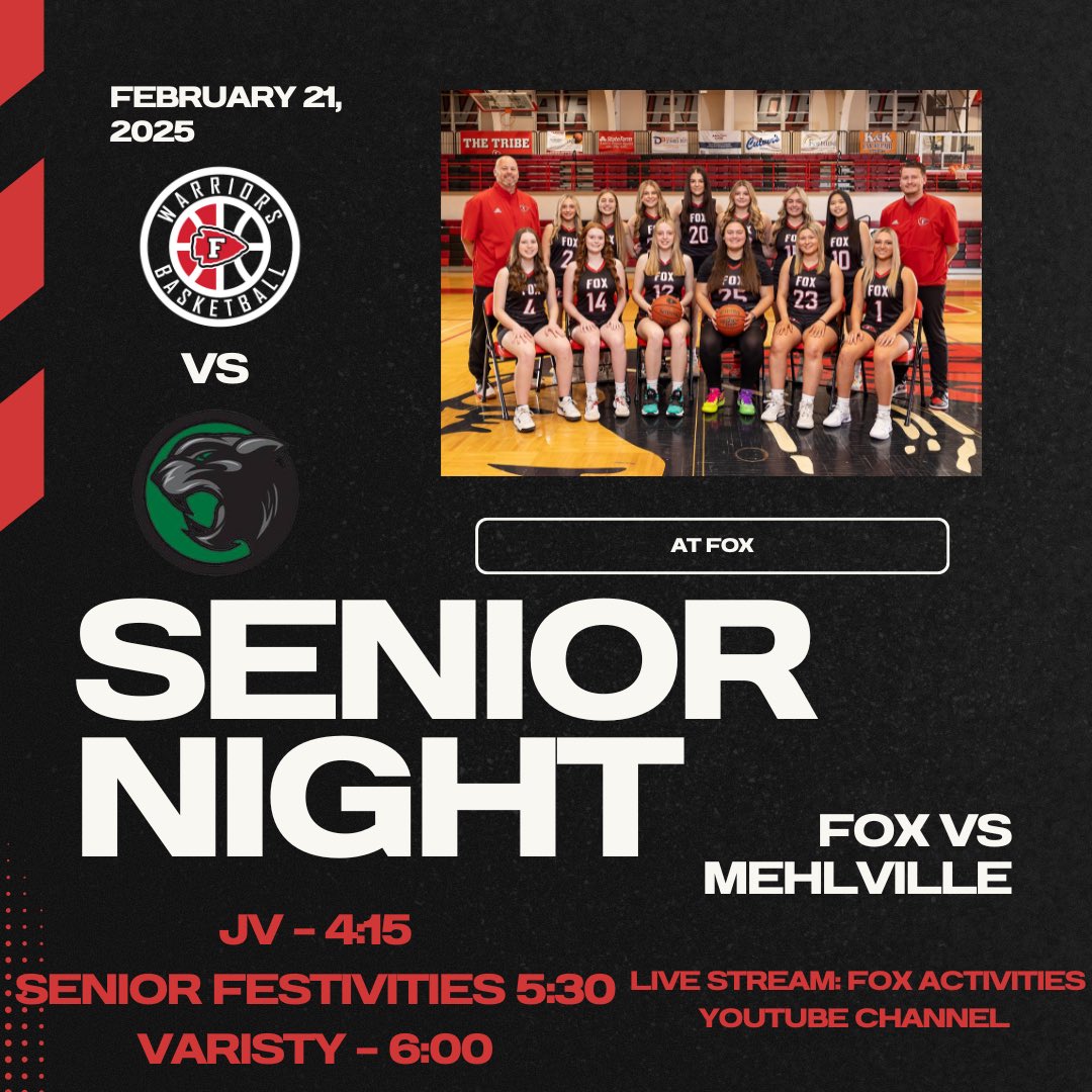 SENIOR NIGHT TONIGHT!

Fox Lady Warriors vs Mehlville Panthers
JV - 4:15
Senior Festivities at 5:30
Varsity - 6:00

#ladywarriorsbasketball