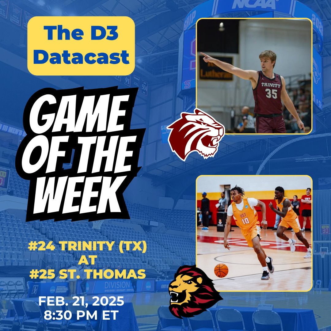 There's a BIG #d3hoops MBB Top 25 game in the SCAC tonight as Trinity (TX) travels to St. Thomas with first place on the line. It's the D3 Datacast Game of the Week!

🏀Trinity (TX) at St. Thomas
📍Houston, TX
⏰8:30 PM ET
📊ustcelts.com/sports/mbkb/20…
📺flocollege.com/live/142693