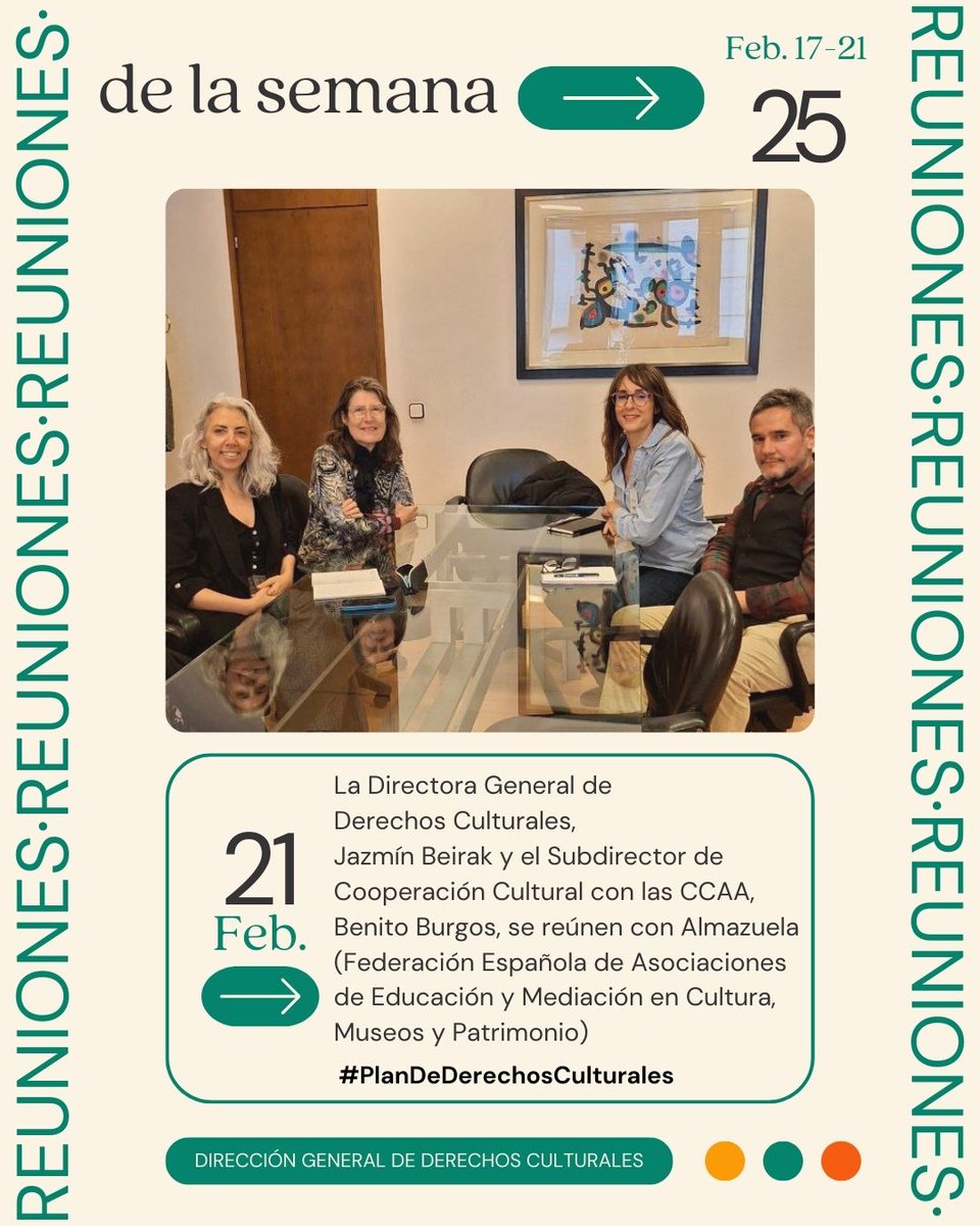 🤝#ReunionesdelaSemana 
Esta semana hemos avanzado hacia el Plan de #DerechosCulturales y #MONDIACULT25. 

🌍Reuniones clave para seguir impulsando una cultura accesible, libre y diversa. 

<a href="/IFACCA/">IFACCA</a> <a href="/PBezunartea/">Patricia Bezunartea</a> <a href="/DSocialesGob/">Secretaría de Estado de Derechos Sociales</a>   <a href="/almazuela_org/">Almazuela</a> <a href="/jbeirak/">Jazmín Beirak Ulanosky</a> <a href="/culturagob/">Ministerio de Cultura</a> 

+ INFO ⤵️⤵️⤵️