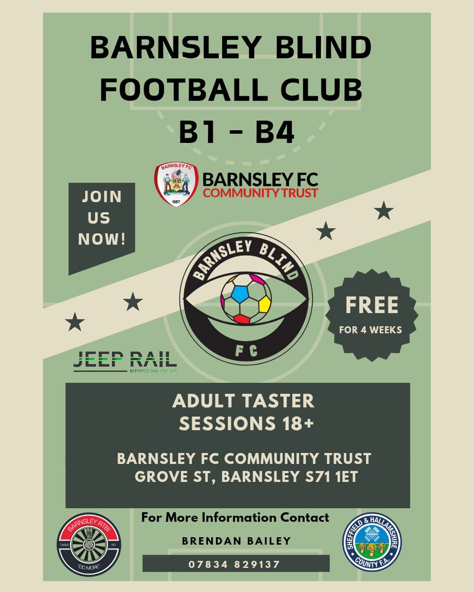 Brendan Bailey (@brendanbai96208) on Twitter photo We are delighted to announce that we are now looking to Trail Free 4 Weeks Adult Blind football sessions. Please contact us at barnsleyblindfootballclub@gmail.com if you are interested or know anyone is blind or visually impaired.
"Hear The Game, Feel The Victory" We are delighted to announce that we are now looking to Trail Free 4 Weeks Adult Blind football sessions. Please contact us at barnsleyblindfootballclub@gmail.com if you are interested or know anyone is blind or visually impaired.
"Hear The Game, Feel The Victory"