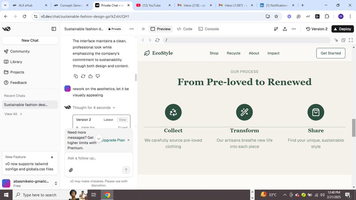 MichelangeloUko's tweet photo. The journey with AISK keeps getting better and interesting. I designed the landing page of a Sustaniable Fashion Company, by prompting v0, a generative UI made by Vercel https://t.co/WTaGUZrMYa