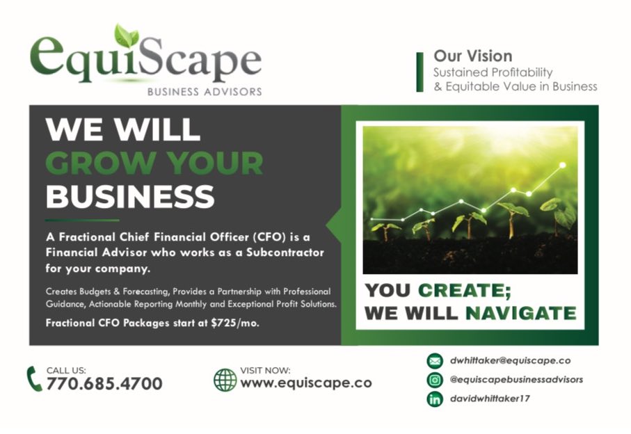EquiScapeBA's tweet photo. A Fractional Chief Financial Officer (CFO) is a Financial Advisor who works as a Sub for your company.  Creates Budgets &amp; Forecasting,  Provides Professional Guidance, Actionable Reporting &amp; Exceptional Profit Solutions. Packages start at $725/mo.  https://t.co/KVpV9UM7ao https://t.co/ggAaoqdo6W