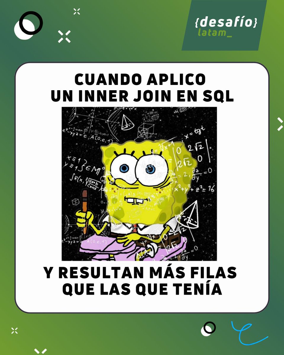 DesafioLatam's tweet image. 🤯¿𝗦𝗲𝗿á 𝗽𝗼𝗿𝗾𝘂𝗲 𝗲𝘀 𝘃𝗶𝗲𝗿𝗻𝗲𝘀?😅 

Recuerda que en la carrera de Data Analytics, te enseñamos a dominar SQL y entender bien cómo funcionan los JOINS.

👉 Descubre más aquí :hubs.ly/Q037KJ4V0

¿Te ha pasado?

#sql #joinsql #analisisdedatos #desafiolatam