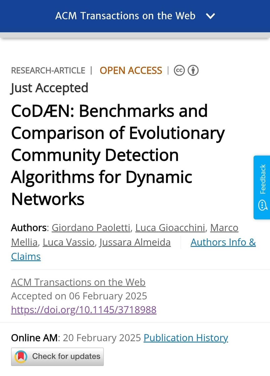 🚀 Hey community! Meet CoDÆN, our open-source tool for evaluating community detection algorithms in dynamic networks.

It builds synthetic graphs &amp; lets you shape dynamic scenarios with 9 key transformations. Check it out!

The paper on <a href="/TWebACM/">ACM Transactions on the Web</a>:
dl.acm.org/doi/10.1145/37…