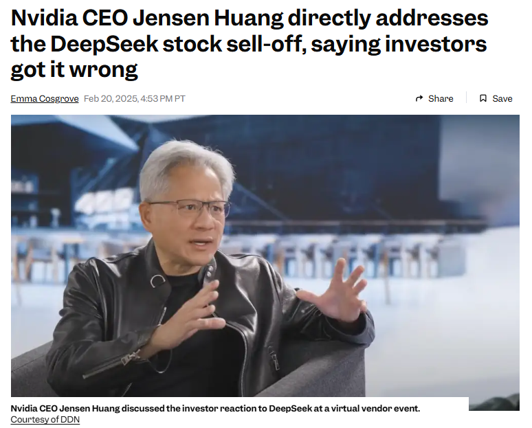 $NVDA CEO Huang says investors "got it wrong" on the DeepSeek sell-off -- emphasizing that AI’s shift toward post-training will only increase demand for Nvidia’s computing power  👀