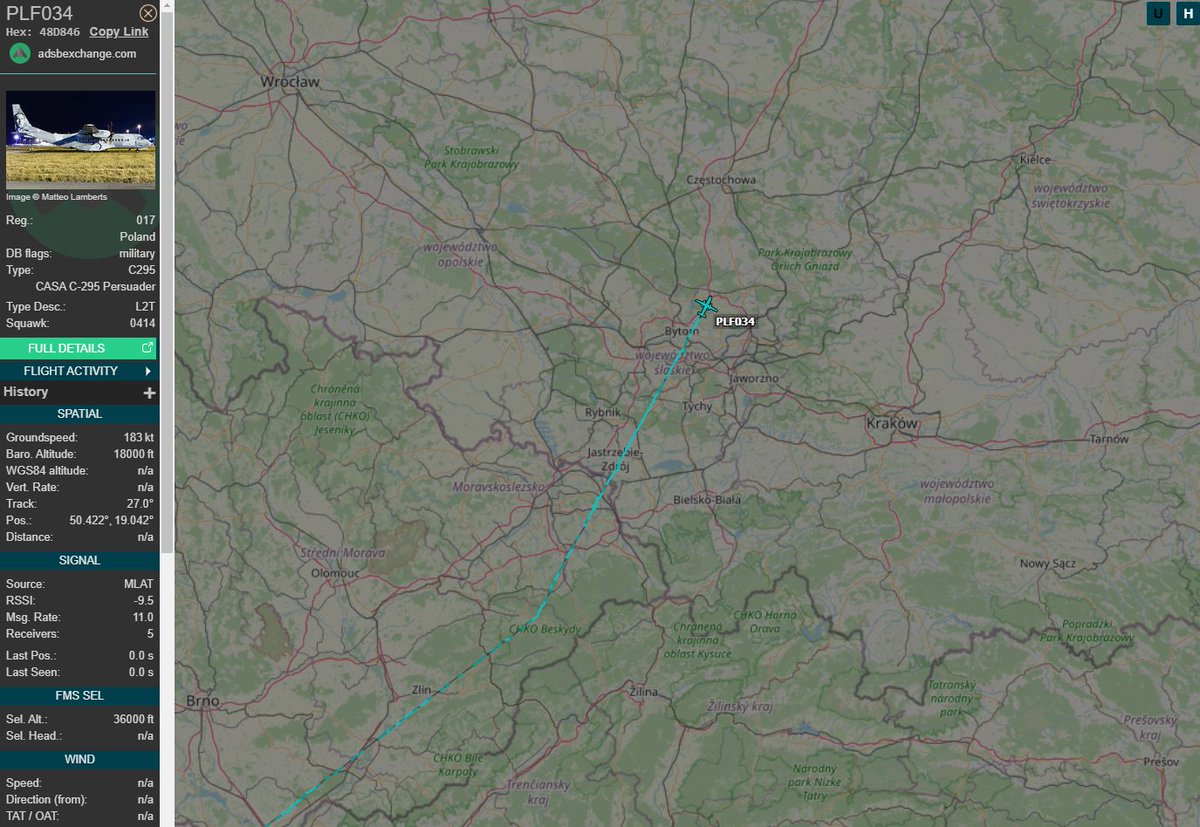 PolishMilRadar's tweet photo. ⌚️ 21.02 14:19LT
🇵🇱 Siły Powietrzne RP
✈️ CASA C-295M "017"
#PLF034 leci na FL180
🛫 Mediolan Linate #LIML
🛬 Warszawa #EPWA
🔗 https://t.co/DrZlEBvvVt
#POLMILRADAR https://t.co/YNPMRpbVDe