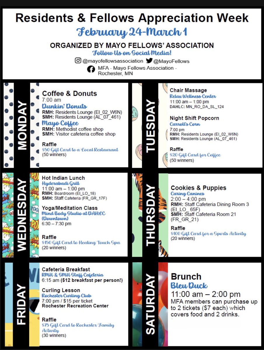 Mayo Fellows' Association, Rochester (@mayofellows) on Twitter photo Resident & Fellow Appreciation week is next week!!!! 
Here’s just a hint of all the events that are lined up! 
Free or super discounted ☕️🍿🍪🥘🧘🥌💆 and raffles for hella 💰💰💰 Resident & Fellow Appreciation week is next week!!!! 
Here’s just a hint of all the events that are lined up! 
Free or super discounted ☕️🍿🍪🥘🧘🥌💆 and raffles for hella 💰💰💰