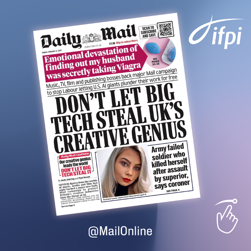IFPI_org's tweet photo. Global record company heads from @WarnerMusic, @UMG and @sonymusic have spoken out against UK Government plans to change copyright laws for AI training @GovUK @10DowningStreet

@MailOnline @bpi_Music
