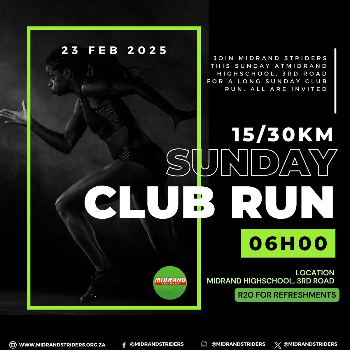 midrandstriders's tweet photo. Join us this Sunday at 6am 📍Midrand Highschool, 3rd Road, for our weekly long run 15/30km  #February #OpenToAll #training #longrunsunday #24km #12km #fitnessmotivation https://t.co/BK0Y9pZ7Zv