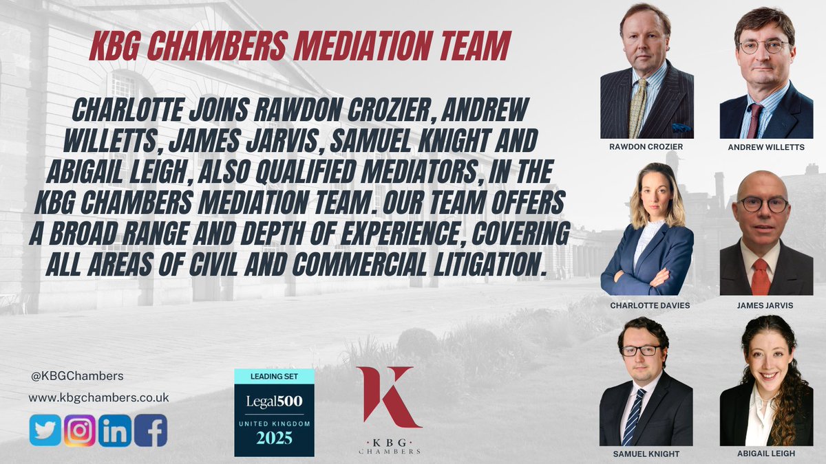 KBGChambers's tweet image. KBG Chambers Mediation Team expands with Charlotte Davies
Charlotte joins Rawdon Crozier, Andrew Willetts, James Jarvis, Samuel Knight and Abigail Leigh, in the KBG Chambers Mediation Team. 
kbgchambers.co.uk/news/kbg-chamb…