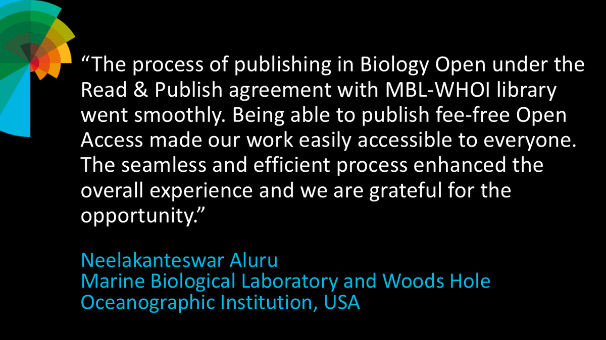 The Company of Biologists (@co_biologists) on Twitter photo Thank you Neelakanteswar Aluru for sharing your experience of fee-free #OA publishing <a href="/BiologyOpen/">Biology Open</a> via our #ReadAndPublish agreement with <a href="/MBLWHOILibrary/">MBLWHOI Library</a> <a href="/MBLScience/">Marine Biological Laboratory (MBL)</a>
Read Neelakanteswar’s paper: bit.ly/438zuvw
Is your institution listed too? bit.ly/3O7BxGi Thank you Neelakanteswar Aluru for sharing your experience of fee-free #OA publishing <a href="/BiologyOpen/">Biology Open</a> via our #ReadAndPublish agreement with <a href="/MBLWHOILibrary/">MBLWHOI Library</a> <a href="/MBLScience/">Marine Biological Laboratory (MBL)</a>
Read Neelakanteswar’s paper: bit.ly/438zuvw
Is your institution listed too? bit.ly/3O7BxGi